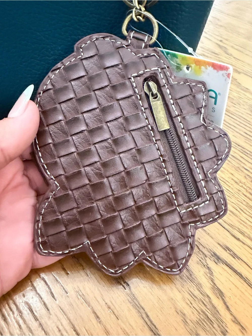 Chala Teal and Brown Leather Top-Handle Bag and Peacock Charm Purse
